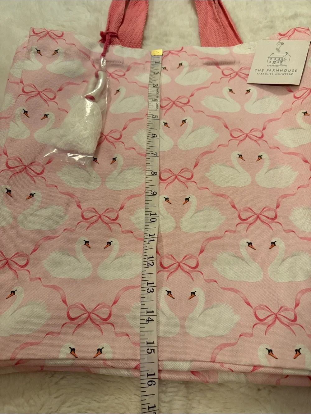 NWT, The Farmhouse Pink Swan Print Tote Bag with Tassel Accent